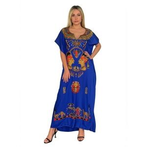 Red Star R Vintage Bohemian Egyptian Sequined Dress Pit29 L55 Blue Gold Ornate